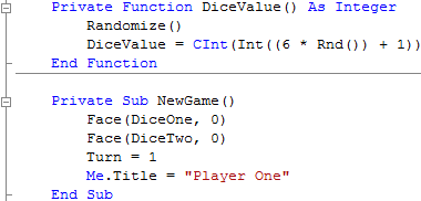 Window1 DiceValue Function and NewGame Sub