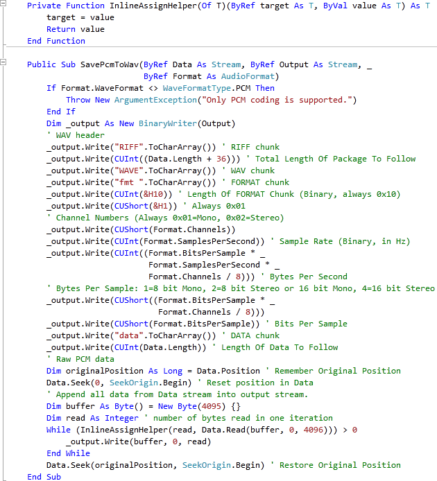 MainPage.xaml SavePcMtoWav Sub and Helper Function