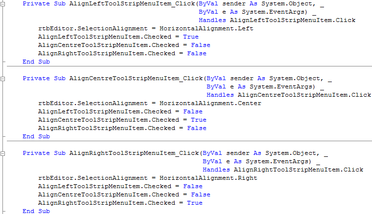 Format Menu Align Left, Align Centre and Align Right Events