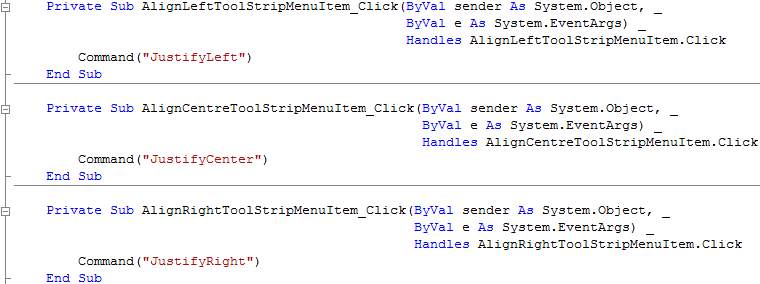 Format Menu Align Left, Align Centre and Align Right Events