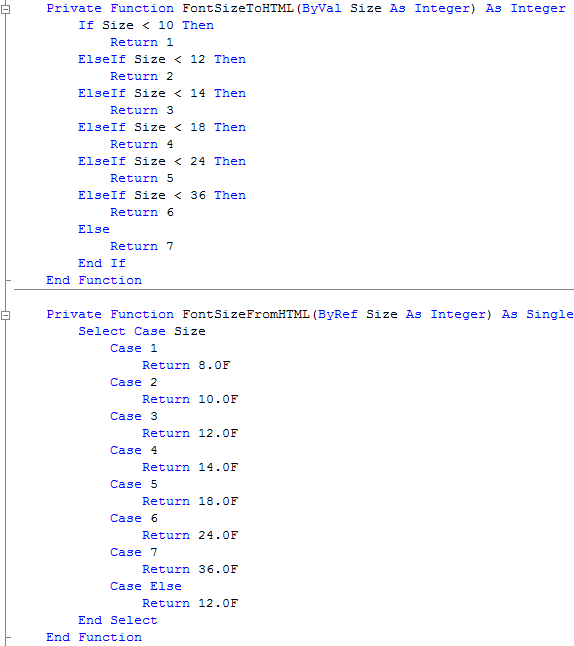 Web Editor Font Size Conversion Functions