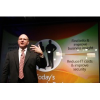 Microsoft CEO Steve Ballmer speaks at a press conference marking the first simultaneous release Windows Vista